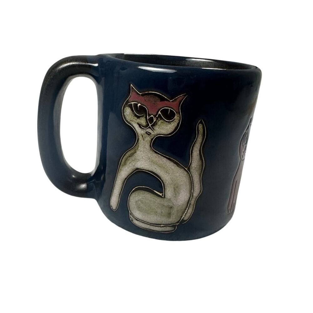 Mara of Mexico Studio Art Pottery Cats Coffee‎ Mug OS Blue Excellent Stoneware